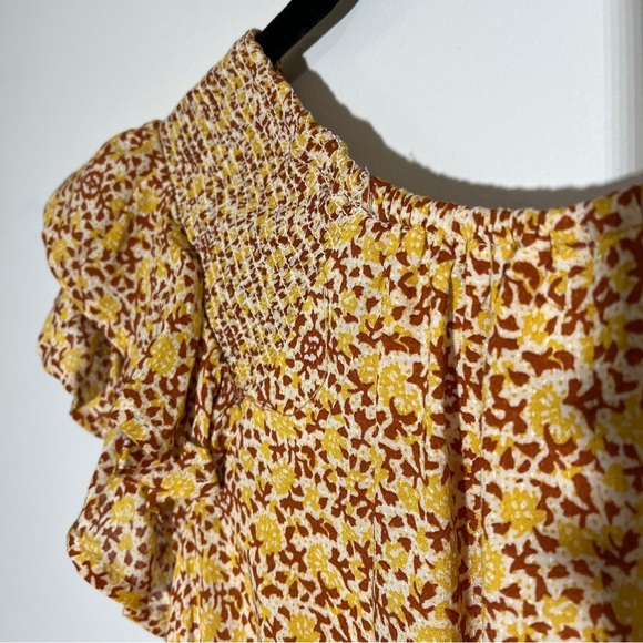 UNIVERSAL THREAD Women Midi Dress Smocking Cap Ruffle Sleeves Mustard Floral XS - Picture 5 of 14